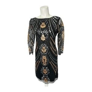 Sequin‎ Beaded Black Gold Silver Gatsby Flapper Dress 3/4 Sleeve Large NEW